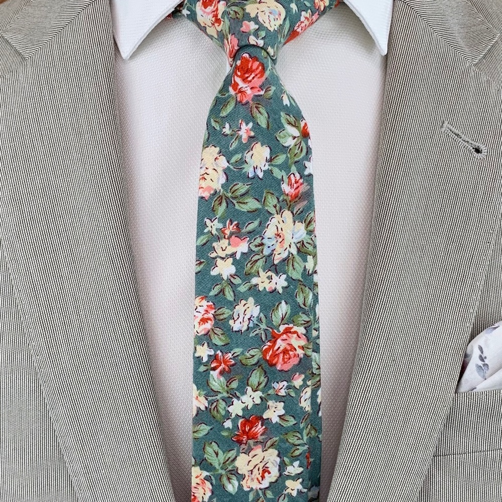 Men's Sea Green Bohemian Floral Slim Necktie